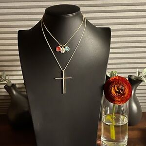 Gold Cross Necklace with Red and White and Blue Cactus accent Necklace-2 pieces